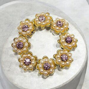 Vintage Gold-Toned Floral Brooch With Faux Pearls & Pink Rhinestones